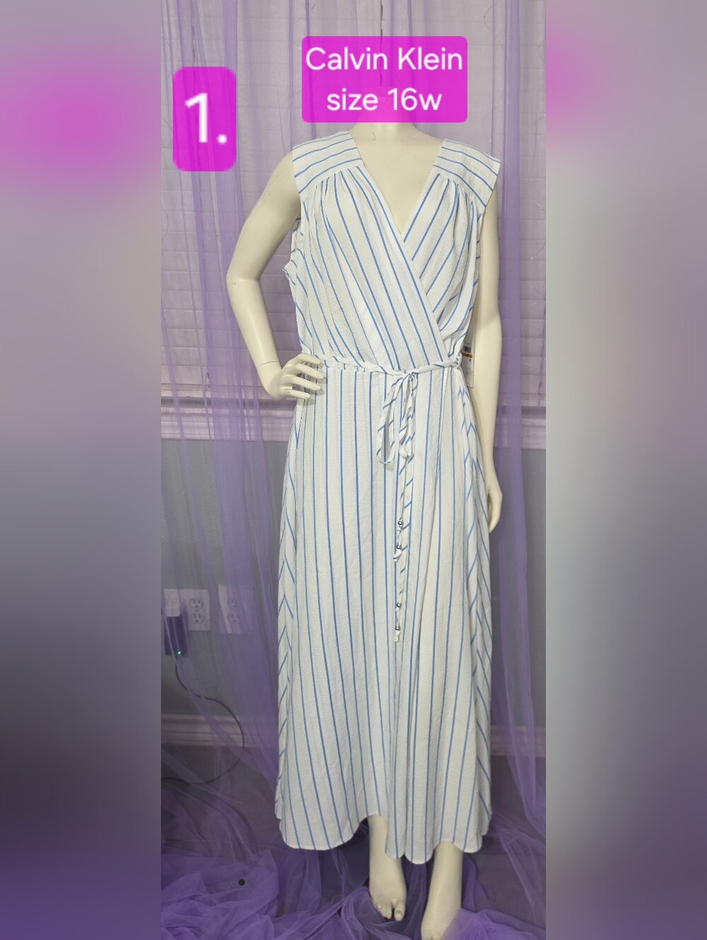 Calvin Klein Sleeveless White and Light Blue Striped Wrap Maxi Dress